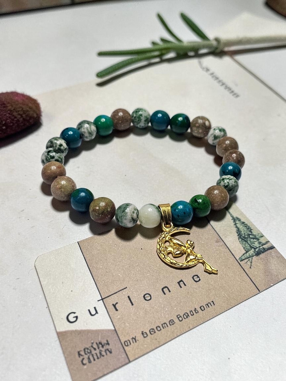 Multicolor Beaded Moon Charm Bracelet - Green & Teal